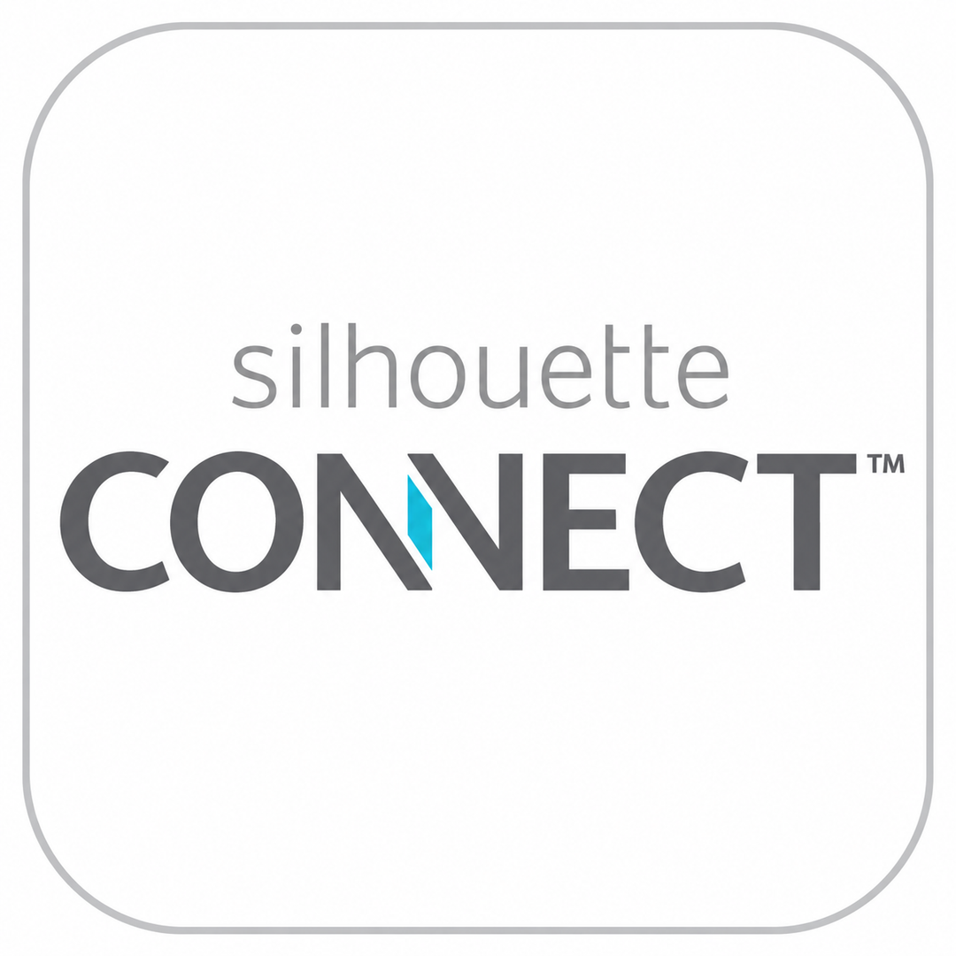 A white rounded square containing the text 'silhouette CONNECT' in gray, with a small bright blue accent between the letters, on a white background.
